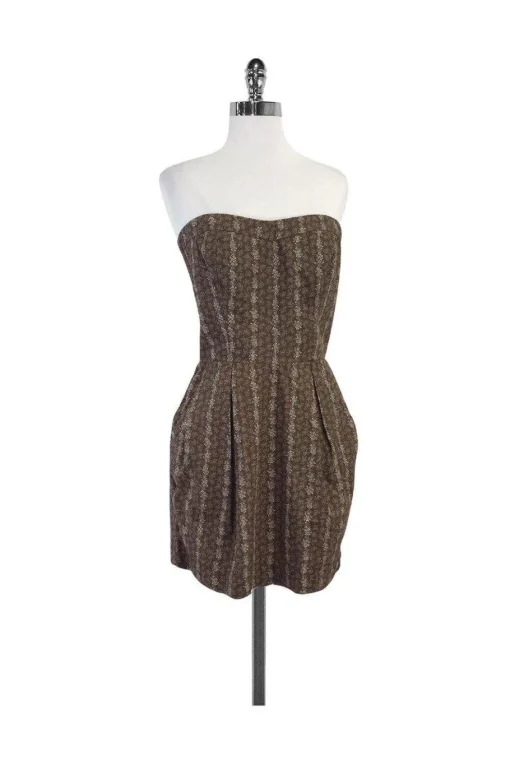 Sunner - Brown & Beige Floral Print Strapless Dress Sz 8