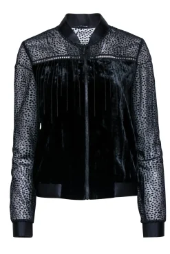 T Tahari - Black Velvet Bomber Jacket W/ Metal Fringe Sz S
