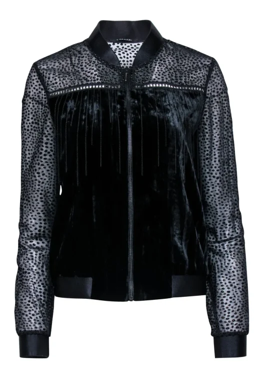 T Tahari - Black Velvet Bomber Jacket W/ Metal Fringe Sz S