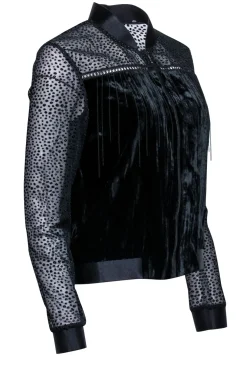 T Tahari - Black Velvet Bomber Jacket W/ Metal Fringe Sz S