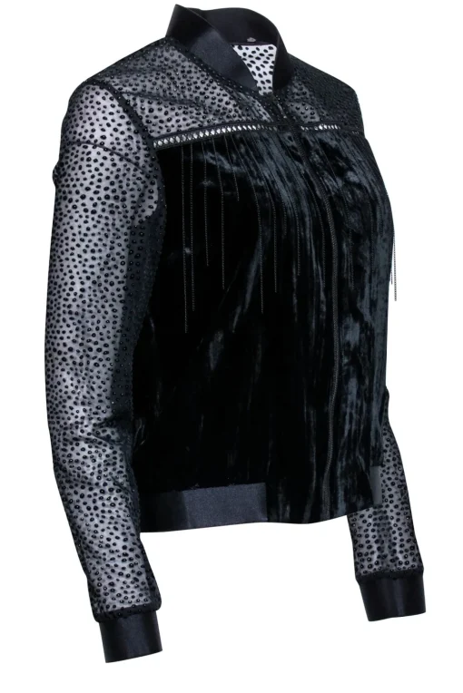 T Tahari - Black Velvet Bomber Jacket W/ Metal Fringe Sz S