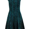 Tadashi Shoji - Emerald Green & Black Swirly Embroidered Cap Sleeve A-Line Dress Sz L