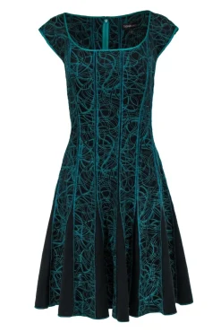Tadashi Shoji - Emerald Green & Black Swirly Embroidered Cap Sleeve A-Line Dress Sz L