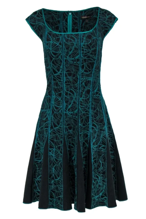 Tadashi Shoji - Emerald Green & Black Swirly Embroidered Cap Sleeve A-Line Dress Sz L