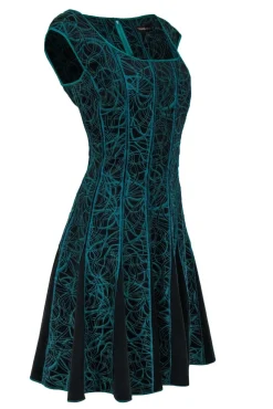 Tadashi Shoji - Emerald Green & Black Swirly Embroidered Cap Sleeve A-Line Dress Sz L