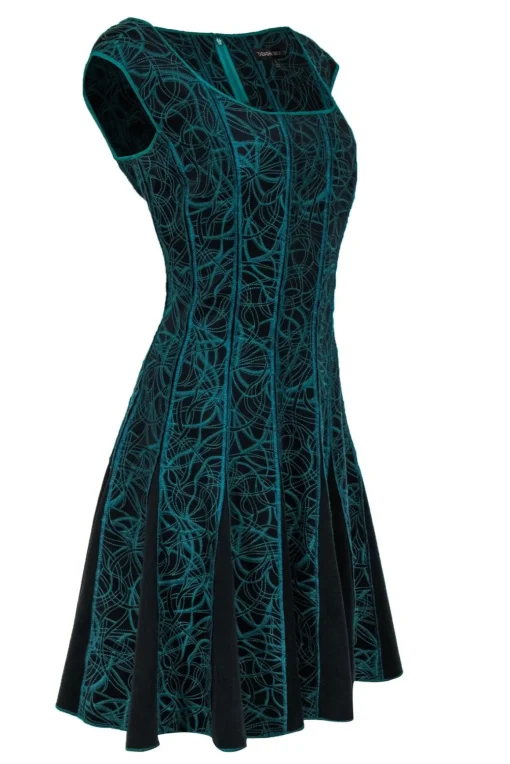 Tadashi Shoji - Emerald Green & Black Swirly Embroidered Cap Sleeve A-Line Dress Sz L