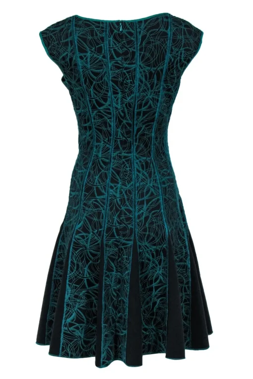 Tadashi Shoji - Emerald Green & Black Swirly Embroidered Cap Sleeve A-Line Dress Sz L