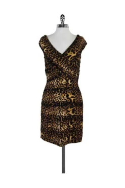 Tadashi Shoji - Gathered Animal Print Body Con Dress Sz S