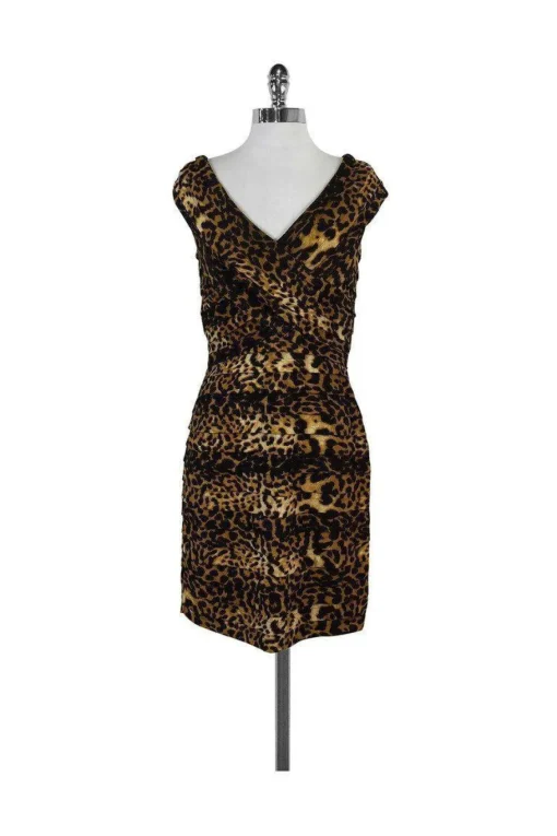 Tadashi Shoji - Gathered Animal Print Body Con Dress Sz S