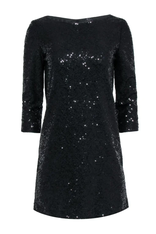 Tahari - Black Sequin Shift Dress w/ Quarter Sleeves Sz XS