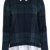 Tahari - Navy & Green Tartan Plaid Knit Sweater w/ Satin Collar Sz M