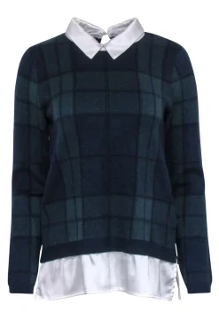 Tahari - Navy & Green Tartan Plaid Knit Sweater w/ Satin Collar Sz M