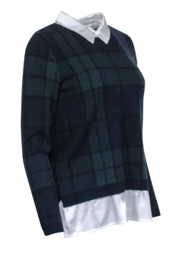 Tahari - Navy & Green Tartan Plaid Knit Sweater w/ Satin Collar Sz M