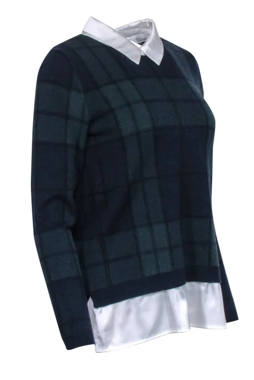 Tahari - Navy & Green Tartan Plaid Knit Sweater w/ Satin Collar Sz M