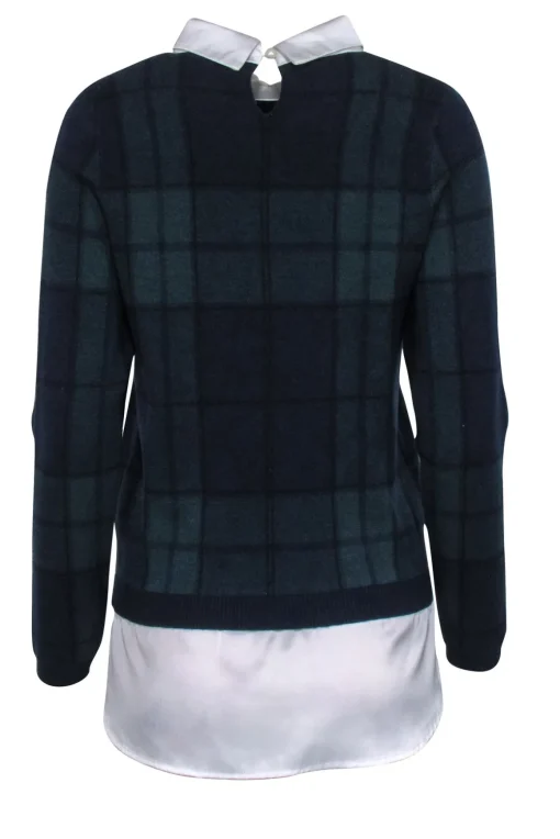 Tahari - Navy & Green Tartan Plaid Knit Sweater w/ Satin Collar Sz M