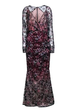 Talbot Runhof - Black & Pink Embroidered Overlay Gown Sz 6