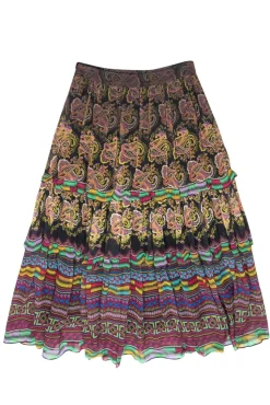 Tanvi Kedia for Anthropologie - Black & Multicolor Paisley Print Tiered Skirt w/ Beading & Sequins Sz 4