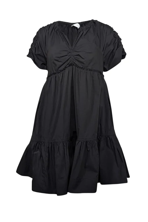 Tanya Taylor - Black Cotton Blend Babydoll Dress w/ Ruffled Trim Sz S