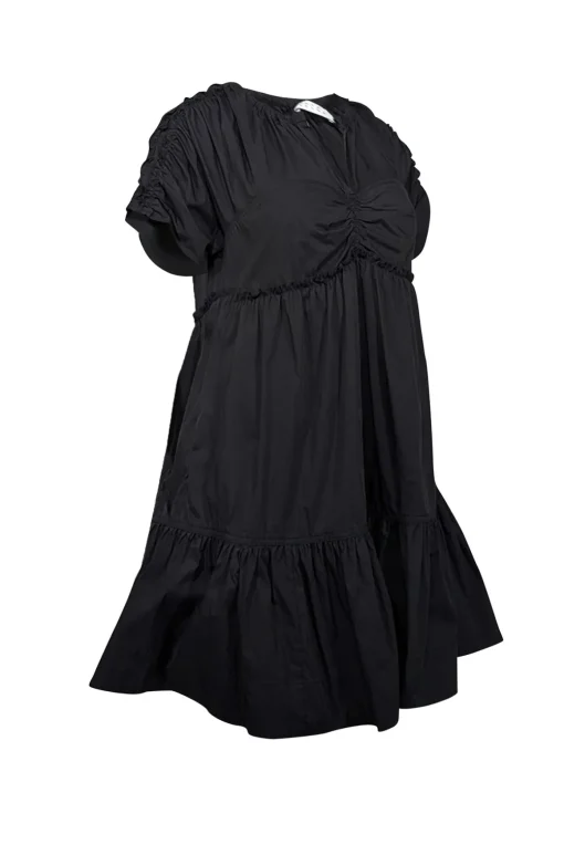 Tanya Taylor - Black Cotton Blend Babydoll Dress w/ Ruffled Trim Sz S