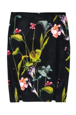 Ted Baker - Black & Multi Color Floral Hummingbird Print Pencil Skirt Sz 4