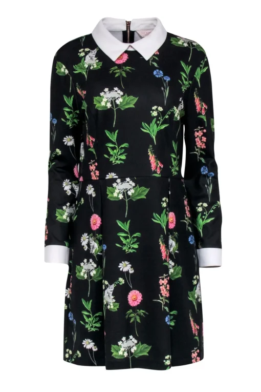 Ted Baker - Black & Multi Color Floral Collared Dress Sz 10