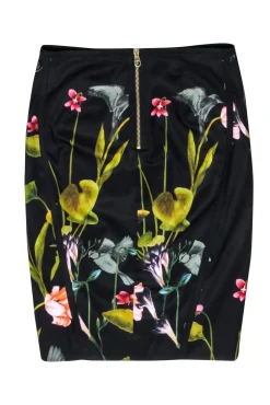 Ted Baker - Black & Multi Color Floral Hummingbird Print Pencil Skirt Sz 4