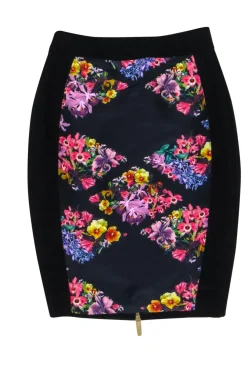Ted Baker - Black Floral Print Pencil Skirt Sz 2