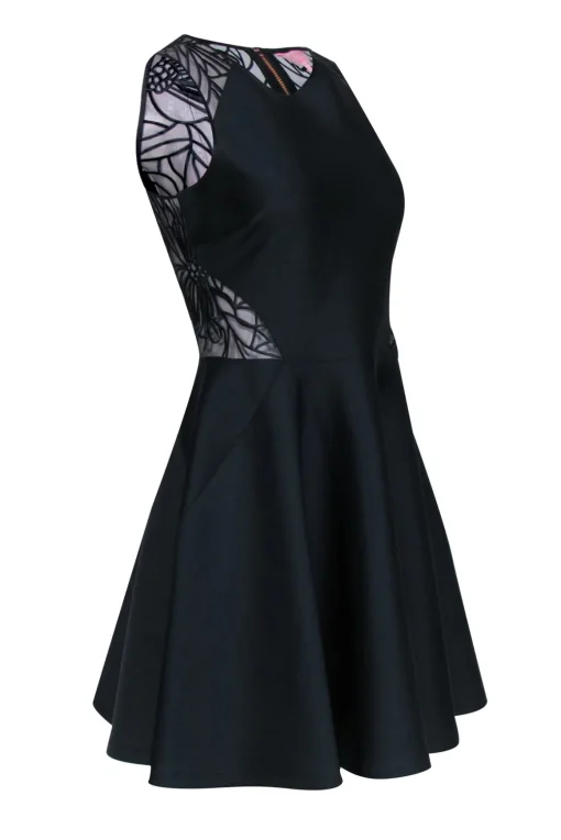 Ted Baker - Black Sleeveless Fit & Flare Dress w/ Embroidered Mesh Detail Sz 6
