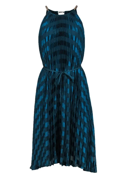 Ted Baker - Emerald Green Pleated Satin Striped Maxi Dress w/ Chain Straps Sz 12