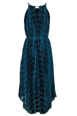 Ted Baker - Emerald Green Pleated Satin Striped Maxi Dress w/ Chain Straps Sz 12