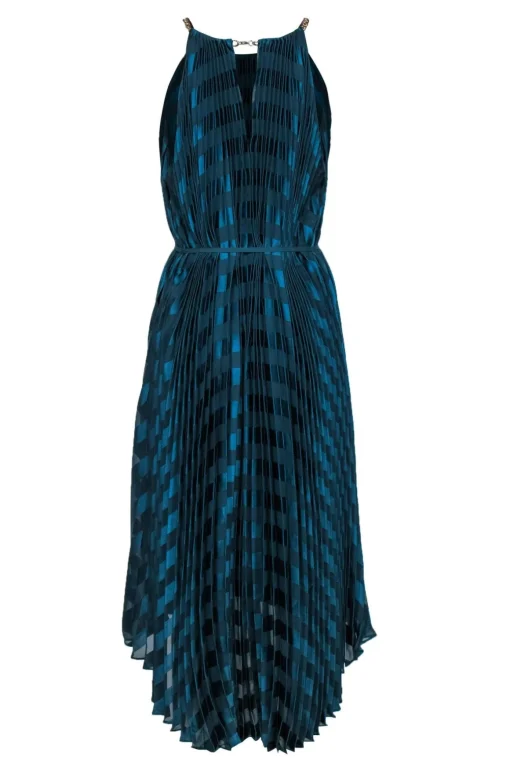 Ted Baker - Emerald Green Pleated Satin Striped Maxi Dress w/ Chain Straps Sz 12