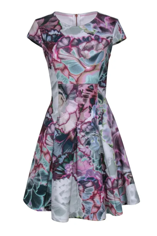 Ted Baker - Green & Purple Floral Print Fit & Flare Dress Sz 8