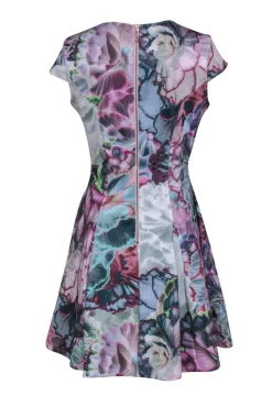 Ted Baker - Green & Purple Floral Print Fit & Flare Dress Sz 8