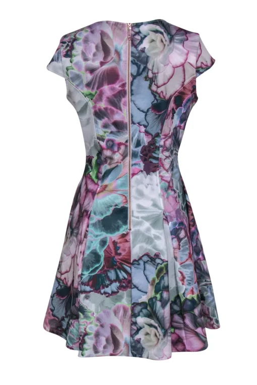 Ted Baker - Green & Purple Floral Print Fit & Flare Dress Sz 8