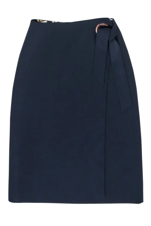 Ted Baker - Navy Wrap Skirt w/ Rose Gold "O" Ring Detail Sz 6