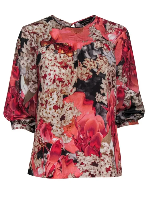 Ted Baker - Pink & Grey Floral Print Blouse Sz S