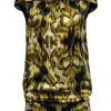 Ted Baker - Sleeveless Gold & Green Filigree Silk Dress w/ Cowl Neck Sz 6