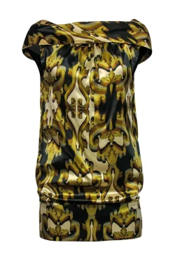 Ted Baker - Sleeveless Gold & Green Filigree Silk Dress w/ Cowl Neck Sz 6