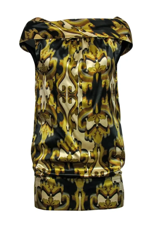 Ted Baker - Sleeveless Gold & Green Filigree Silk Dress w/ Cowl Neck Sz 6