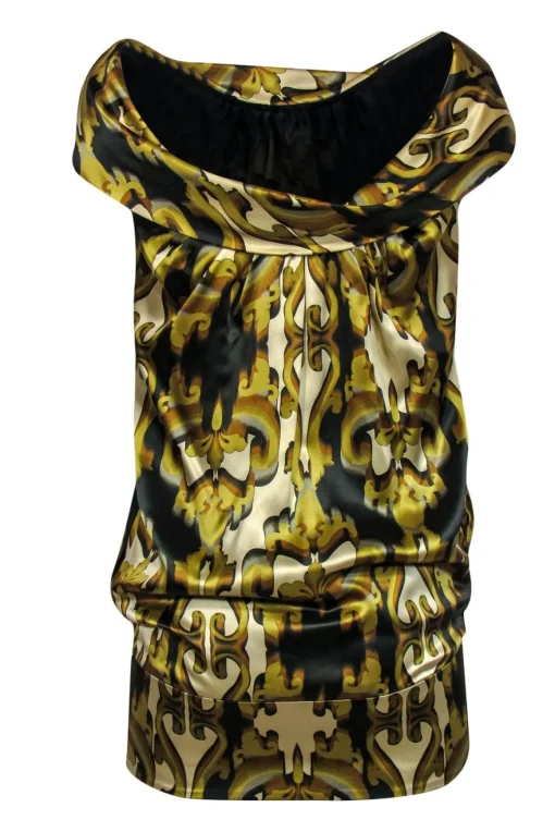 Ted Baker - Sleeveless Gold & Green Filigree Silk Dress w/ Cowl Neck Sz 6