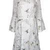 Ted Baker - White w/ Green Bird Print & Metallic Flecks Ruffled Dress Sz 4