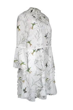Ted Baker - White w/ Green Bird Print & Metallic Flecks Ruffled Dress Sz 4
