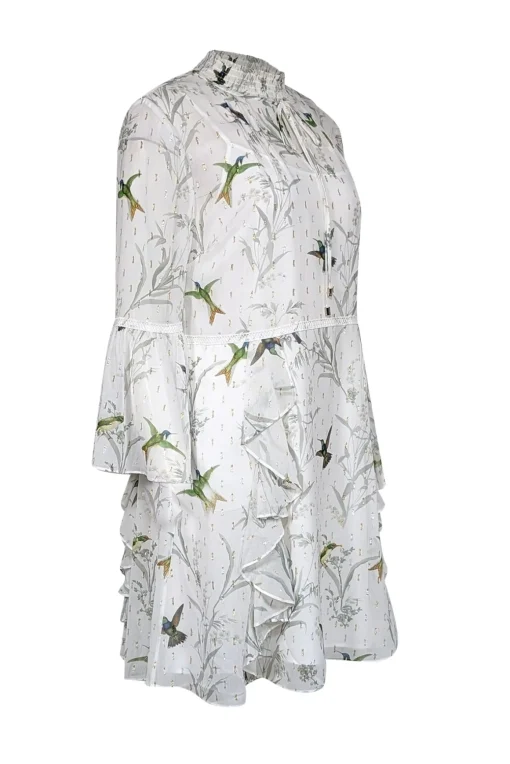 Ted Baker - White w/ Green Bird Print & Metallic Flecks Ruffled Dress Sz 4