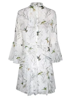 Ted Baker - White w/ Green Bird Print & Metallic Flecks Ruffled Dress Sz 4