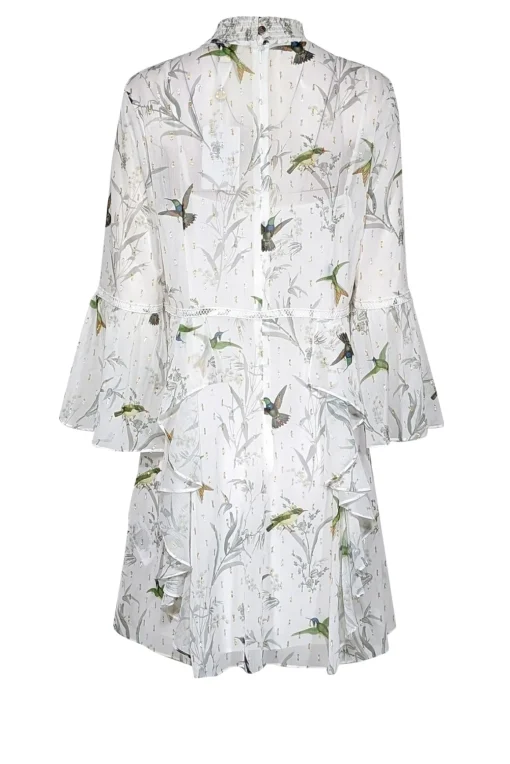 Ted Baker - White w/ Green Bird Print & Metallic Flecks Ruffled Dress Sz 4