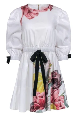 Ted Baker - White w/ Pink Large Floral Print Long Sleeve Dress Sz 4