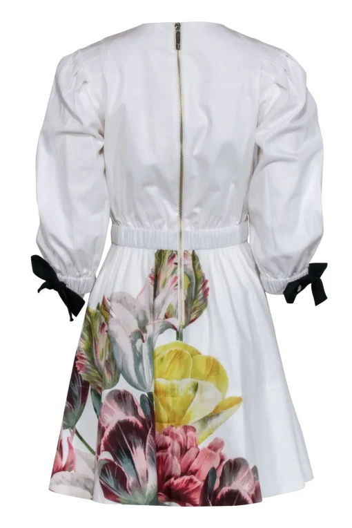 Ted Baker - White w/ Pink Large Floral Print Long Sleeve Dress Sz 4