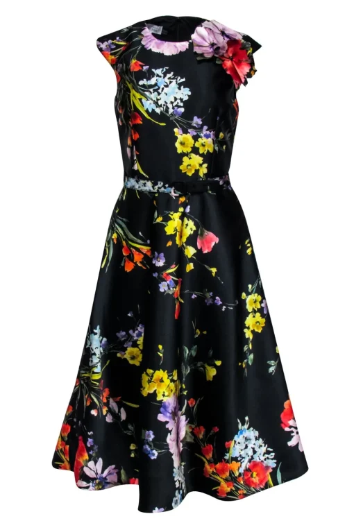 Teri Jon - Black & Multi Color Floral Belted Dress Sz 6