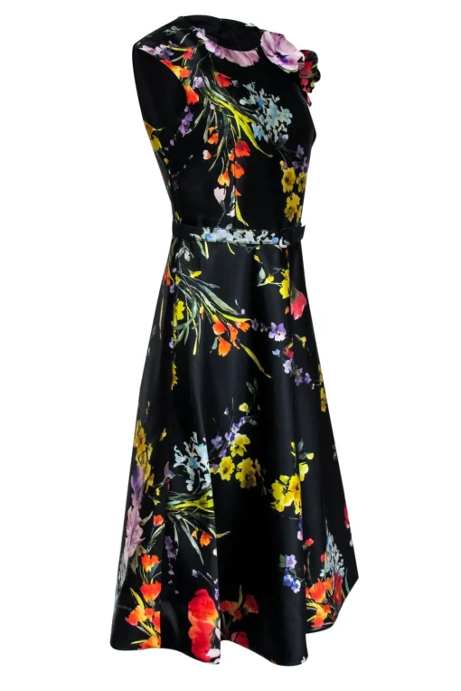 Teri Jon - Black & Multi Color Floral Belted Dress Sz 6