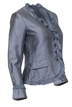 Teri Jon - Blueish Silver Silk Blend Ruffle Jacket Sz 4